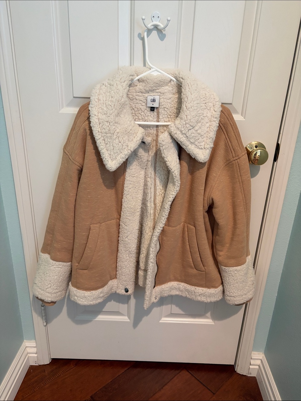 CAbi Tan Jacket with Cream Sherpa Trim